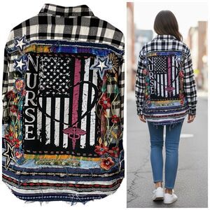 Upcycled Flannel Jacket Shacket Womens XL Nurse Embroidered Festival OOAK